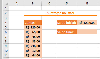 Como subtrair no Excel subtração