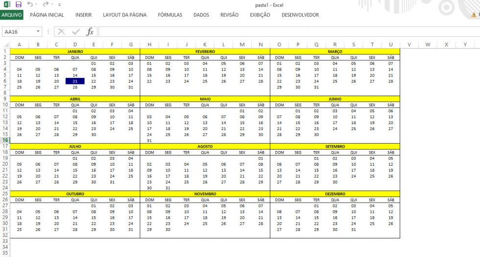 Como Criar Um Calendário Anual No Excel 2016 2013 Ou 2010 6428