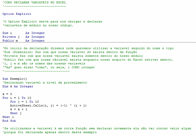 VBA como declarar variáveis no Excel