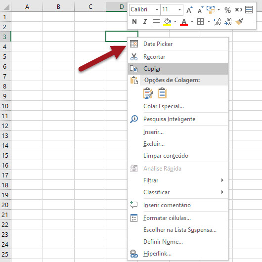 Inserir seletor de datas no Excel